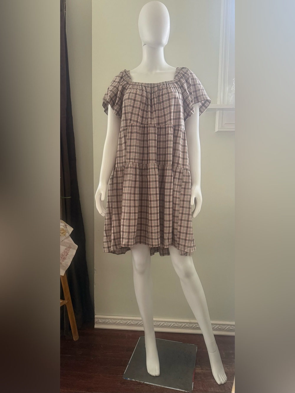 Old Navy Brown Plaid Tiered Mini Dress